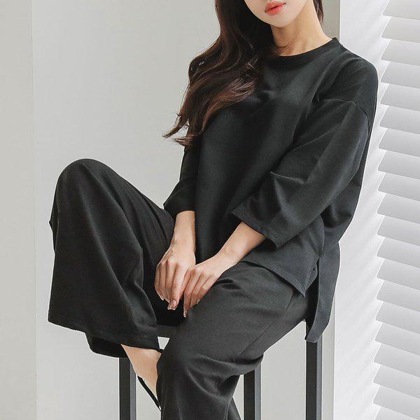 ヘビーイージーウェアアンバランスTシャツ ワイドパンツ ホームウェア 上下セット 2色