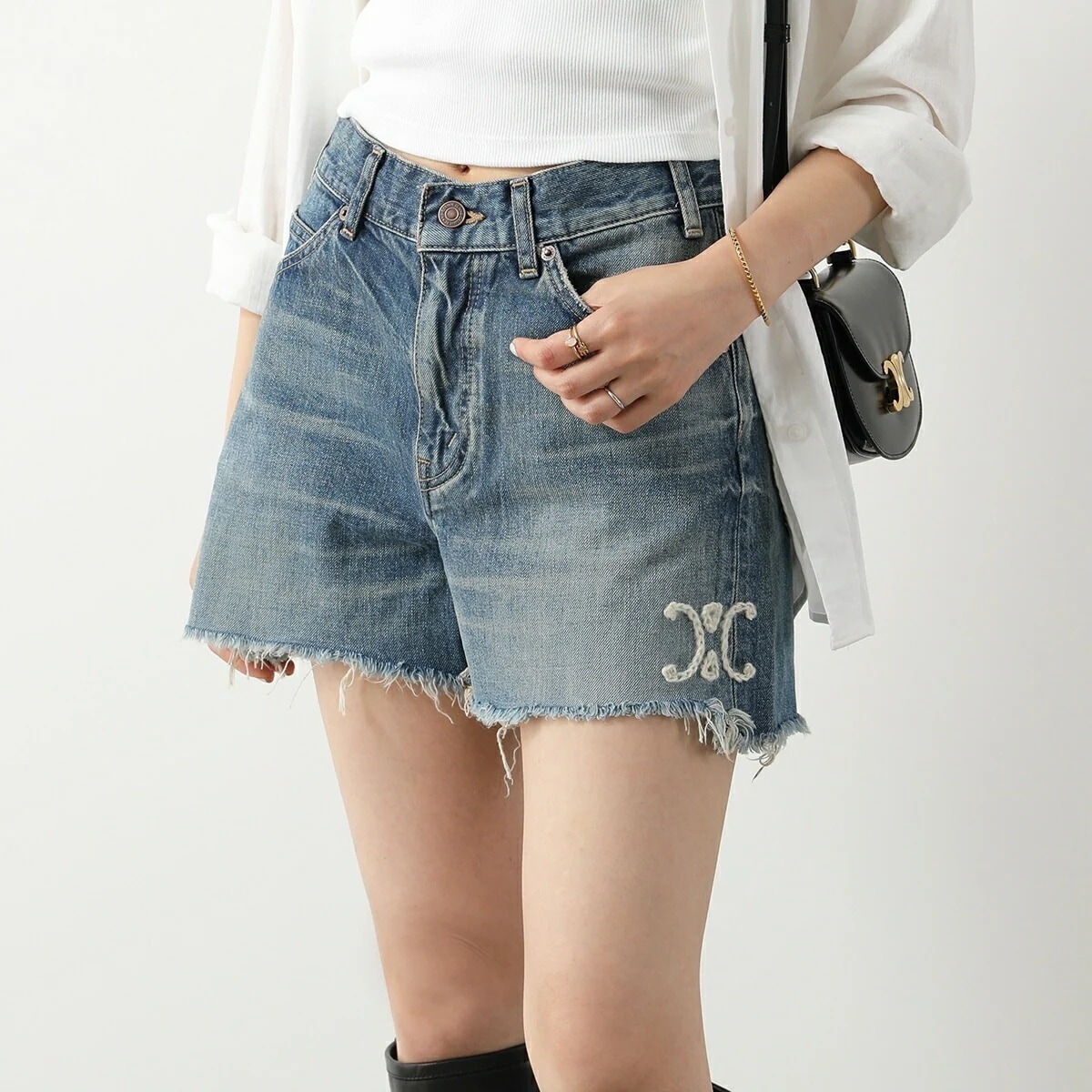 CELINE セリーヌ スケートショートパンツ 2N12B519X.08EL レディース デニムパンツ トリオンフ刺繍 ジーパン デニムブルー