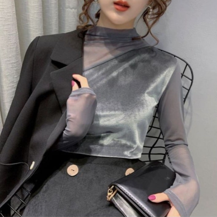 メッシュ袖トップス 透け感トップス ハイネックトップス カジュアルトップス トップス シャツ プルオーバー 白シャツ 白トップス 袖あり 長袖 ボリューム袖 ハイネック スリム タイト 細身