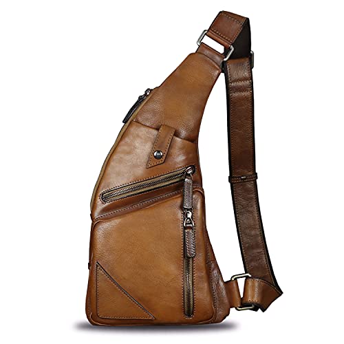 100％本物保証！ Genuine Leather Sling Bag for Men Vintage Handmade Crossbody Daypack Hiking Backpack Retro Crossbody リュック・デイパック
