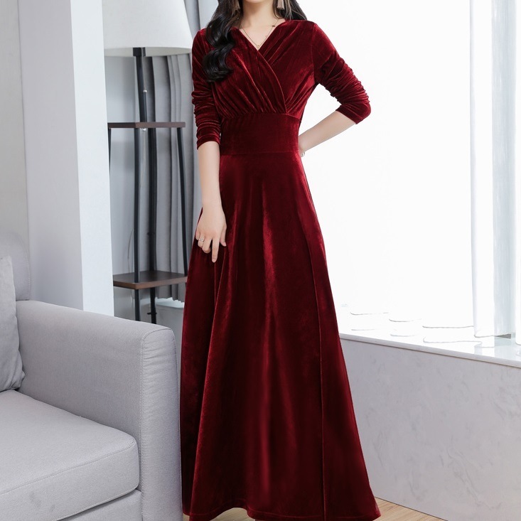 新作 春 秋 冬 ロングドレス 長袖 上品 ワンピース ロング丈 フレア ハイウェスト Vネック Aラインスカート 華やか エレガント ゆったり フォーマル パーティ ホテル 結婚式 式場
