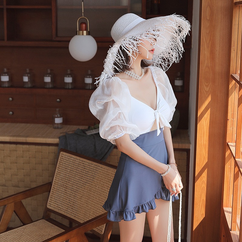 水着 スイムウェア ワンピース水着 体系カバー水着 ワンピース パッド付き 体系カバー 二の腕カバー 半袖 リボン チュール シフォン フリル 切り替えデザイン ドッキング 透け感 シースルー