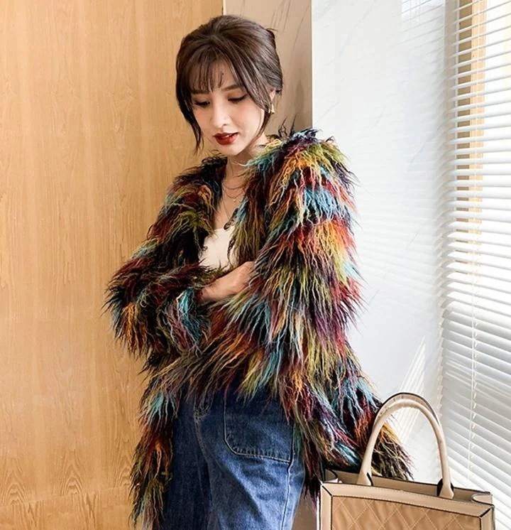 レインボーシャギーコート ファーコート シャギーコート ラムヘア ミドル丈. コート ジャケット. アウター 冬 フェイクファー