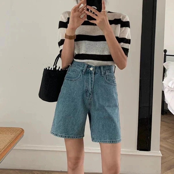 ハイウエスト デニム ストレート 5分丈 パンツ レディース 2024 夏 版 着痩せ ゆったり Aライン ワイドレッグ ミディアムパンツ