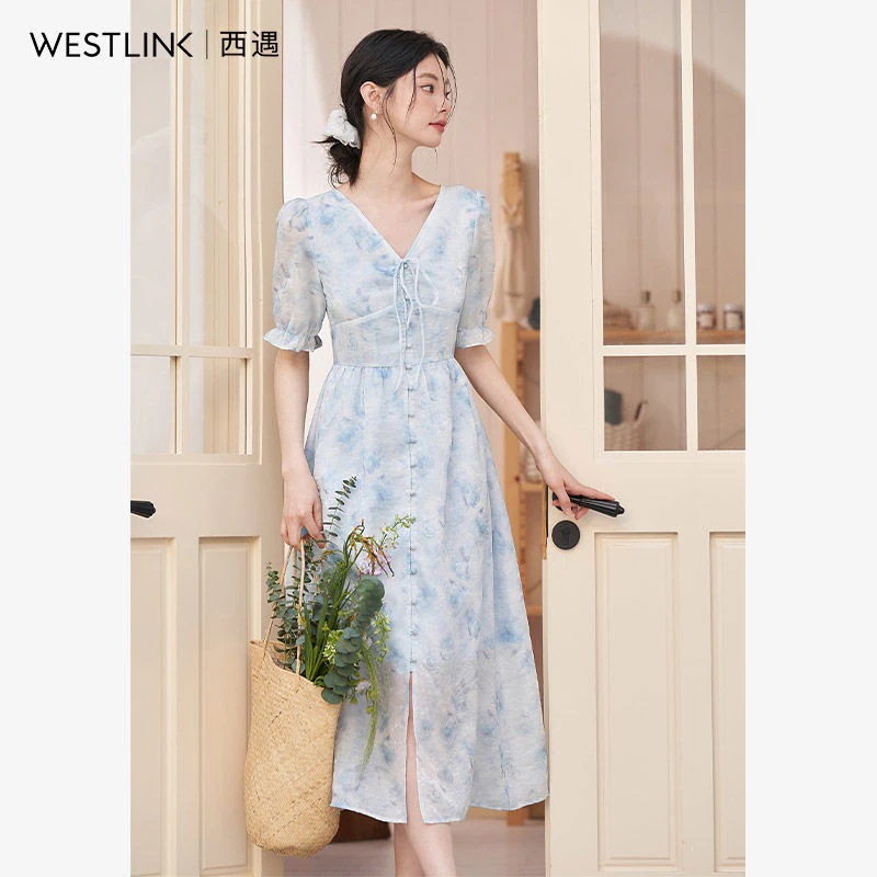 【急速出荷!】ミスティックブルー フレンチロマンティックワンピース 2025春夏新作 スミノグラデ 半袖 Vネック ソフト＆スイート ロングワンピース ワンピース ワンピース レディース ロングワンピ