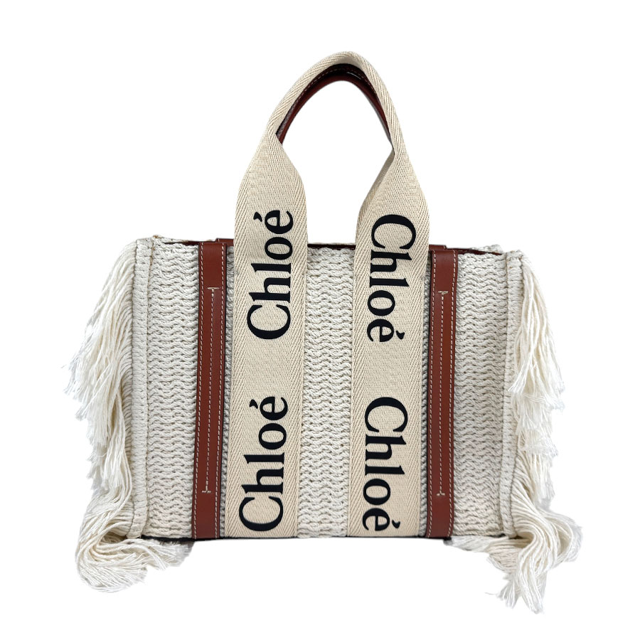 クロエ Chloe ハンドバッグ ショルダーバッグ ウッディ コットン/レザー オフホワイト/ブラウン レディース z3769