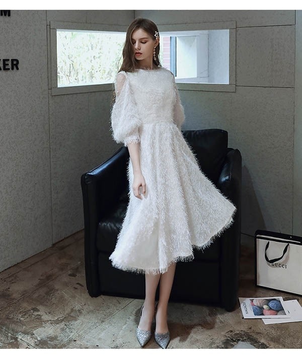 ワンピースドレスドレス秋冬 ミモレドレス ふわふわ 演奏会 体型カバー 母親 肩出し ピアノ カクテルドレス 誕生日会 フェミニン ひざ下丈ドレス 結婚式 大人 袖付き 卒業式 7分袖あり 謝恩会