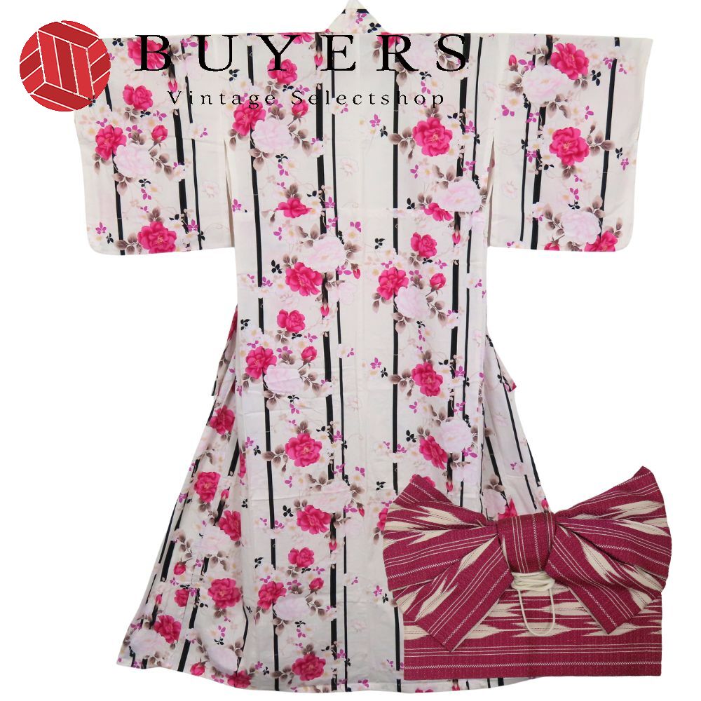 中古 浴衣 2点セット 作り帯 縞模様と椿 綿 ポリエステル 白 えんじ ピンク系 矢羽根柄 リボン 可愛い 和装 呉服 和服 きもの レディース 女性