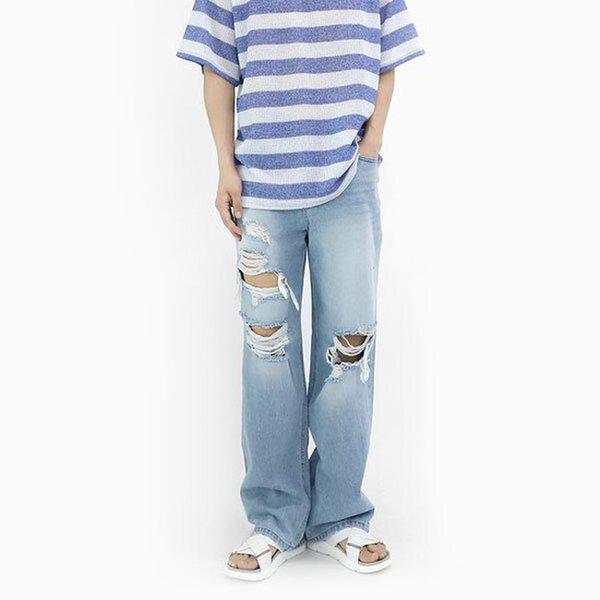 ジーンズ STJ070 1COLOR 男性 ワイド ライトブルー ダメージ デニムパンツ_3