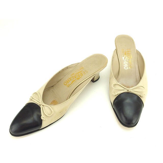 パンプス シューズ 靴 リボンモチーフ 7C バイカラー ベージュ ブラック 中古