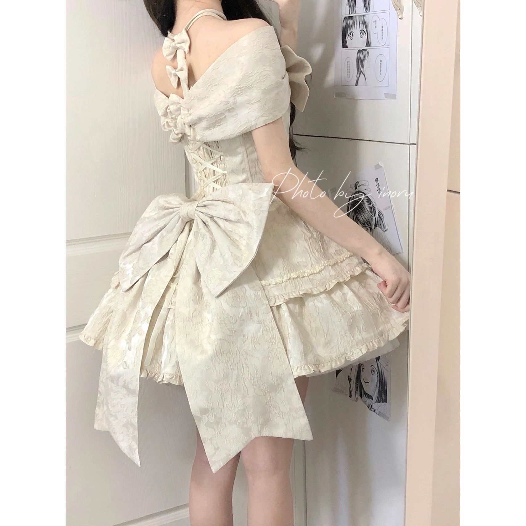 フランスのかわいいドレスデザインセンス弓ワンショルダーストラップエレガントな甘いロリータ王女ドレス夏