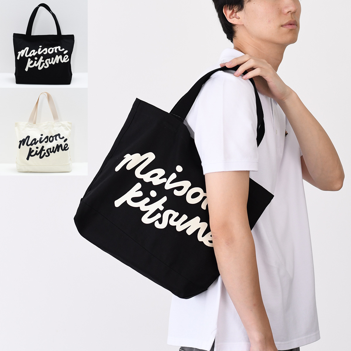 バッグ メゾンキツネ ハンドライティング トート OW05124WW9042 メンズ ユニセックス ブラック ベージュ コットン キャンバス