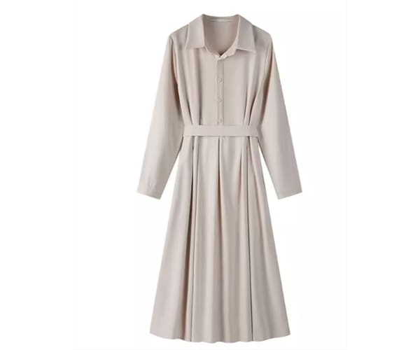 レディース ワンピース プルオーバー シャツワンピ ミモレ ロング 長袖 襟付き ポロカラー Aライン ベルト ウエストマーク ポケット ボタン 大人可愛い きれいめ シンプル カジュアル 上品