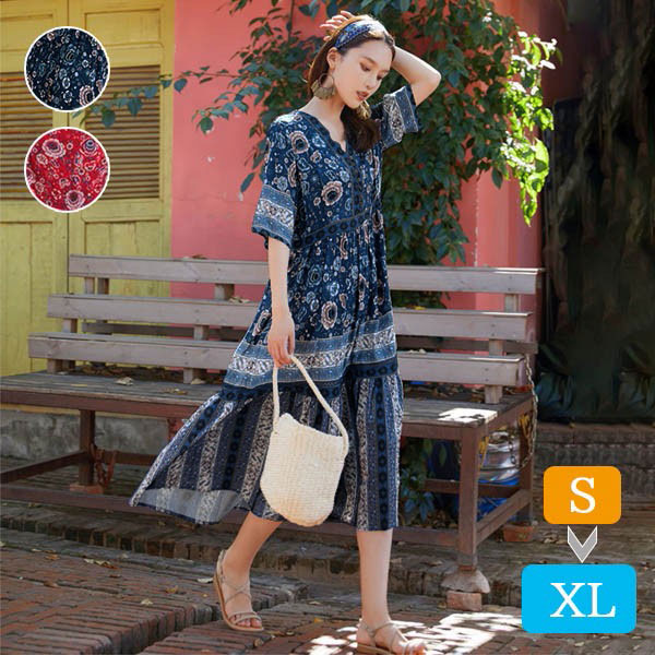 【2点購入で10％OFF06/18まで】 ハワイ リゾートワンピース ミモレ丈 五分袖 Vネック 体型カバー 大きめ ゆったり 民族風 夏ワンピ ロングワンピース 沖縄 海外旅行 レッド ネイビー レ
