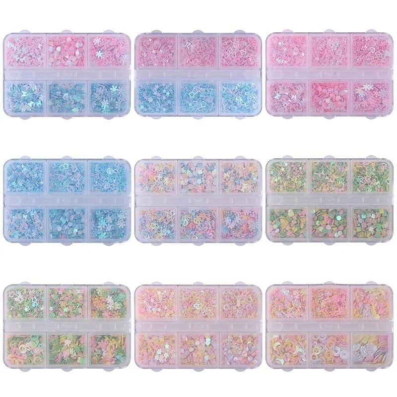 【1つ買うと12つ】ネイルアクセサリー6コマ箱入りネイルスパンコール子供り材料ハート型五角星十字星25310