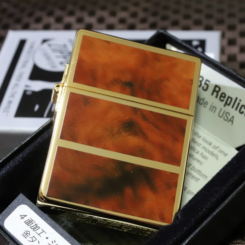 【ZIPPO】1935 復刻レプリカ 4面マーブルライン 茶金 ゴールド＆ブラウン 人気ジッポ ゴールドタンク シンプル アンティーク プレゼント 金タンク かっこいい