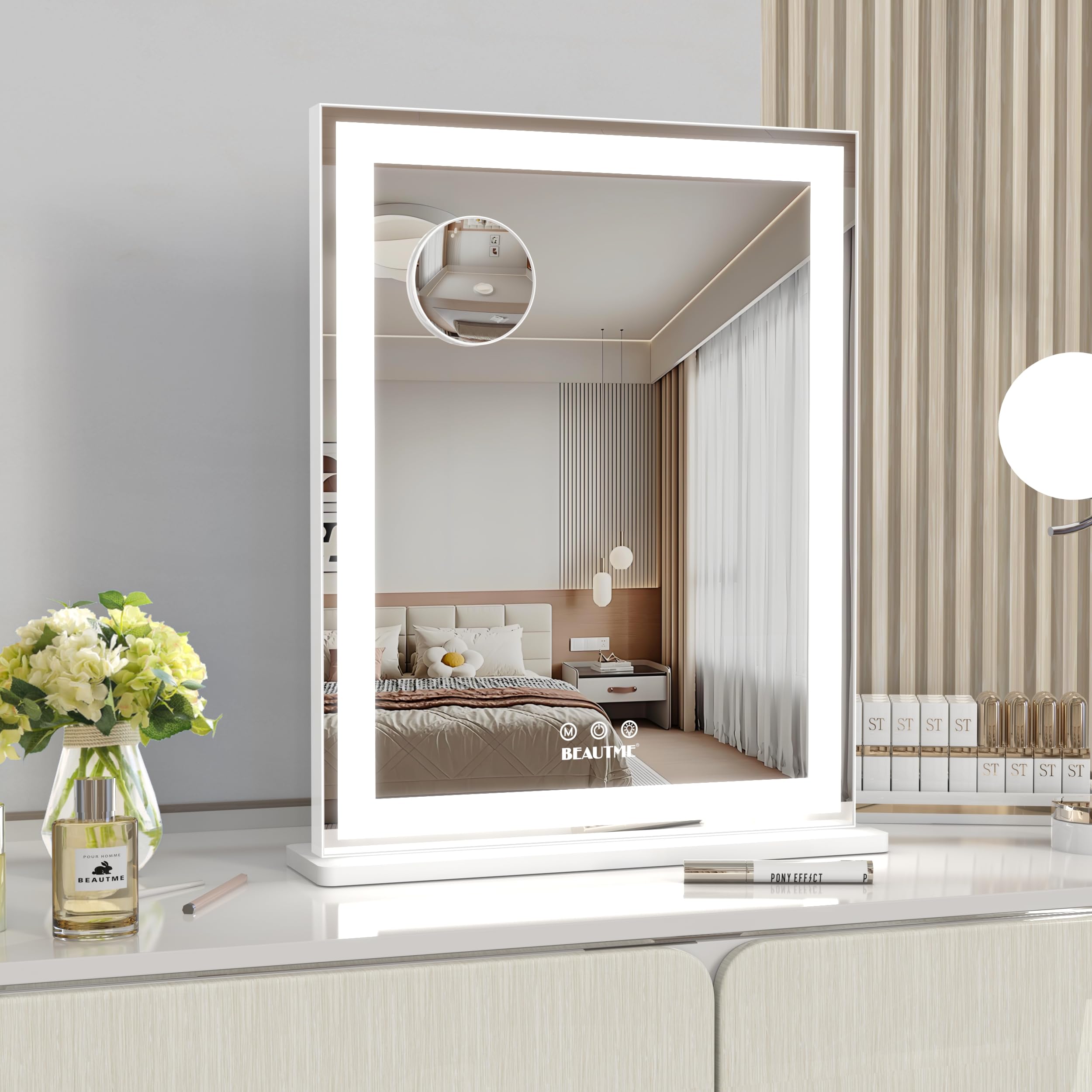 ANYHI 女優ミラー 化粧鏡 ハリウッドミラー 三色照明モード 明るさ調節可能 10倍拡大鏡付き 女優ライト LEDミラー ドレッサー/化粧台適用 49.7x40.5cm 白い 14,496円