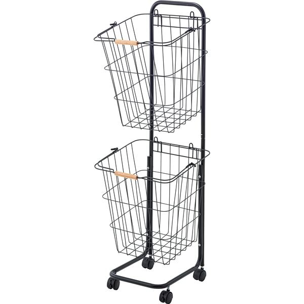 バスケットワゴン/ランドリーバスケット 2段 ブラック 幅37cm 取り外し可能かご付き 木製取っ手 キャスター付き 組立品