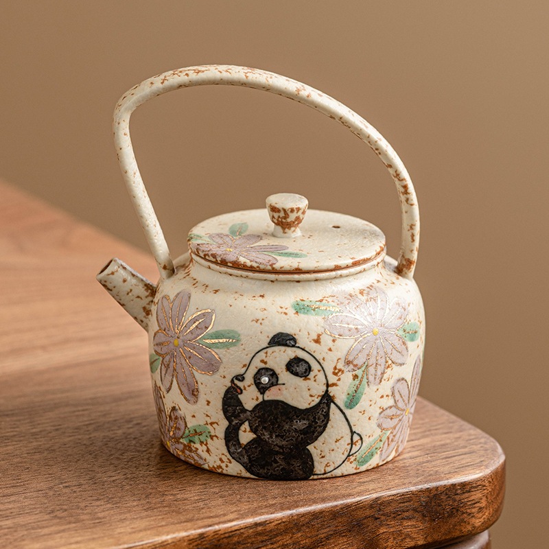 青と白のフリントレッドオールセラミックハンドルポット金色に塗られたパンダ菊のティーポットお茶の淹れ方ティーセットフィルターシングルポット