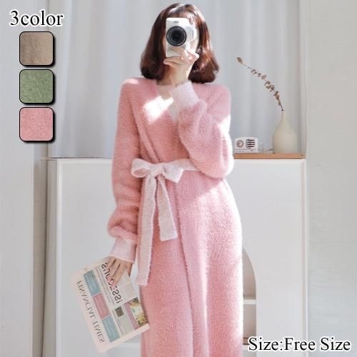 【グラシア】 ルームウェア モコモコ パジャマ 部屋着 ガウン シンプル ふんわり ワントーンカラー ロング ニット 優しい ブラウン グリーン ピンク フリーサイズ