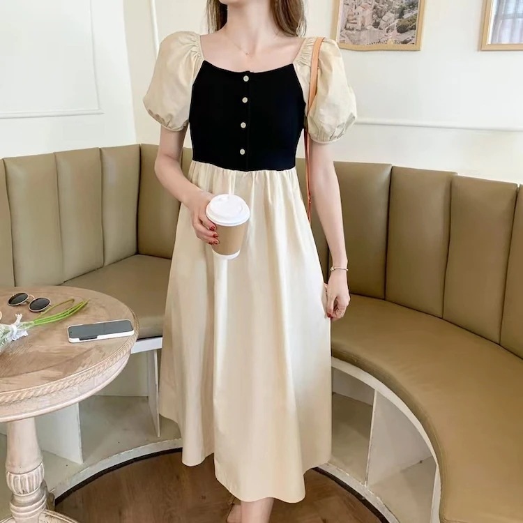 レディース ワンピース ロング丈 カラー切り替え キュート 上品 大人可愛い ふんわり袖 バルーンスリーブ 体型カバー Aライン シンプル カジュアル キレイめ 半袖 ベージュ ブラック