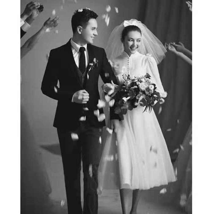 ミニドレス ミモレ丈ドレス ウェディグドレス 二次会 花嫁 パーティドレス 結婚式 白 ワンピース 演奏会 大きいサイズ ドレス 袖あり　長袖 発表会 前撮り