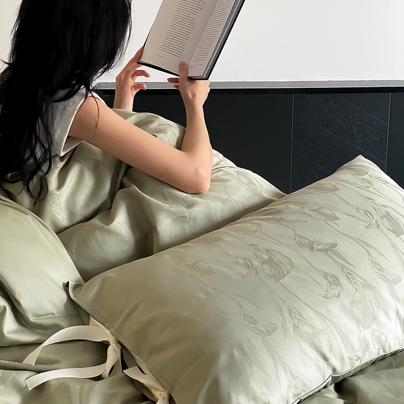 100本の貢緞子長絨綿4枚セット全綿シーツ蝶結び布団カバー軽量高級感春夏ベッド品1.8