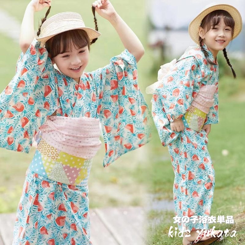 スイカ 浴衣 ゆかた yukata 子供 子ども 女の子 キッズ 簡単着付け 単品 和柄 レトロ 洗える 夏祭り 夕涼み会 花火大会 お祭り 文化祭 盆踊り お盆休み お祝い プレゼント かわいい 可