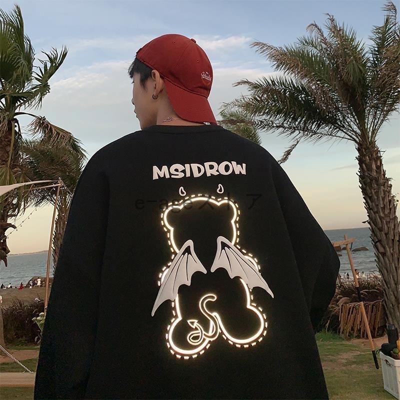 【即納】パーカー メンズ レディース 40代 丸首 スウェット 可愛い 熊 黒 おしゃれ 長袖 大きいサイズ プルオーバーパーカー JP風 トップス