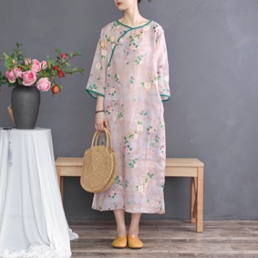 レディース ワンピース ロング 7分袖 チャイナ カシュクール ストレート Iライン 異国風 コンサバ ボタン かわいい 大人可愛い シンプル 上品 おしゃれ アジアン こなれ感 ラフ 個性的 主役級
