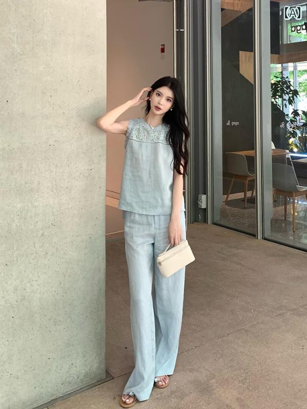 ズボン レディース カジュアル おしゃれ ファッション パンツ ブルー ハイウエスト ストレート 着痩せ 夏