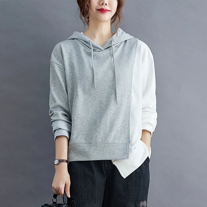 2024春人気不規則切り替えパーカー長袖ブラウスTシャツゆとり百掛け大きいサイズ 着痩せ