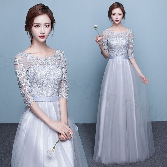 演奏会用ロングドレス パーティードレス 花嫁 ワンピース 袖あり マキシ丈 大きいサイズ 結婚式 レース 20代30代40代 披露宴 着痩せ フォーマル同窓会 成人式