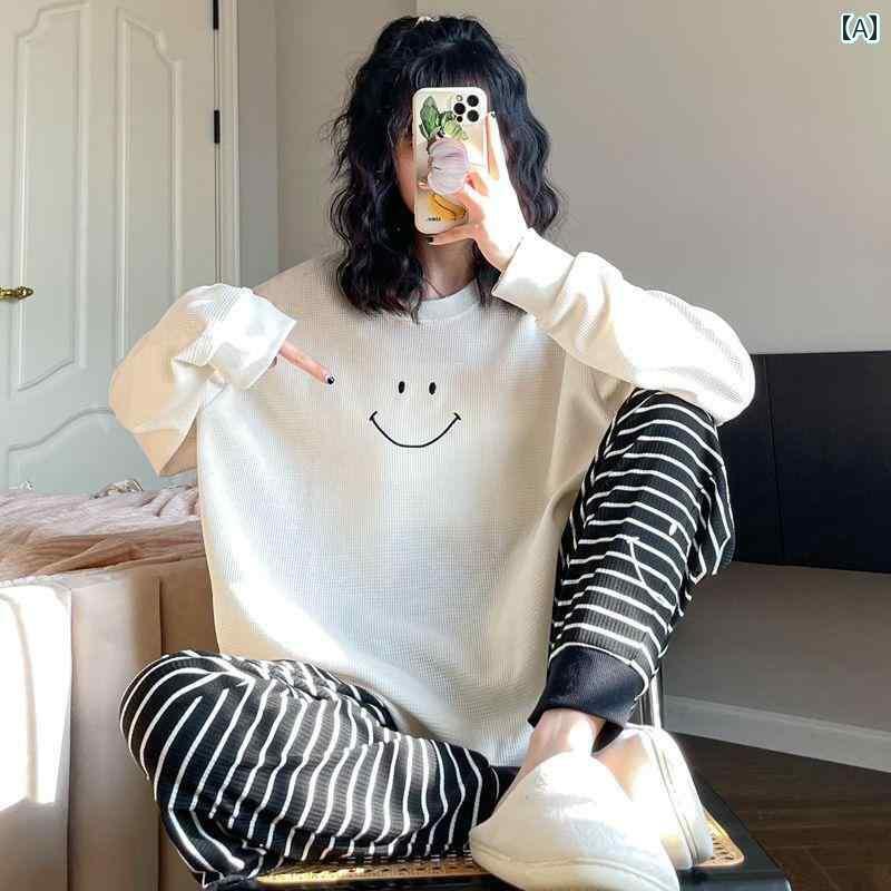 レディース　パジャマ　スウェット　上下 女性用 スマイリーフェイス 刺繍 パジャマ 春の 長袖 ワッフル パターン アウターと して 着用 可能 ラウンドネック レギンス ホームウェア 春秋