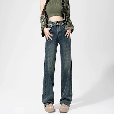 デニムパンツハイウエストワイドパンツジーンズレディースレトロゆったりズボン