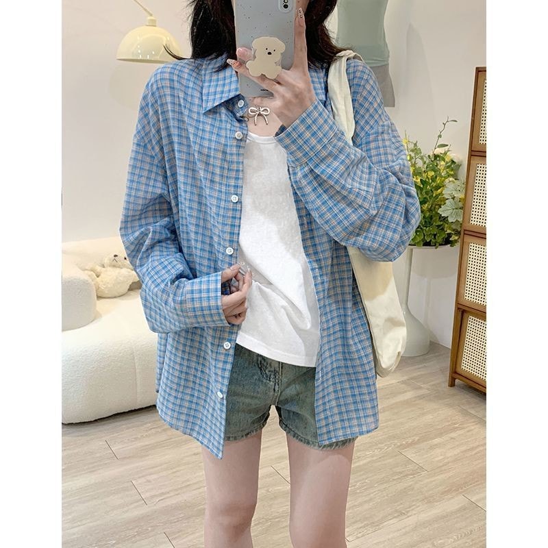 春 高級 青 チェック シャツ レディース 長袖 ゆったり 重ね着 カーディガン シャツ アウター リラックス風 トップス638