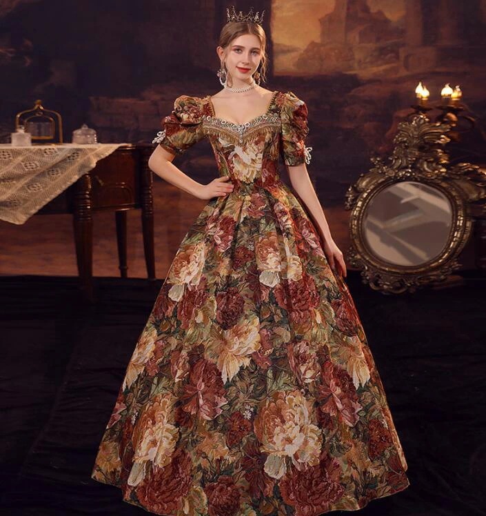 パーティードレス お嬢様ワンピース 演奏会 華やか中世貴族風 貴族ドレス ロングドレス ハロウィン クリスマス 高級感 ヨーロッパ風ドレス オペラ声楽 宮廷ドレス 可愛い 撮影 演劇 文化祭 ステージ
