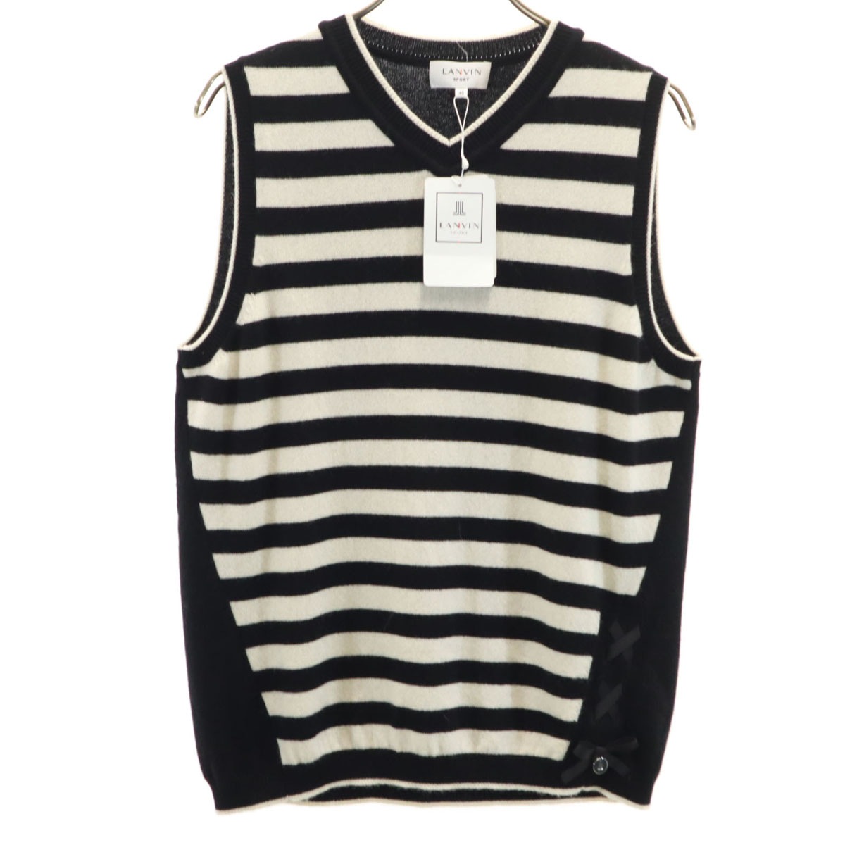 未使用 LANVIN SPORT ランバン スポーツ 日本製 カシミヤ100％ ボーダー柄 ノースリーブ Vネック ニット 40 ブラック レディース 古着 6,401円