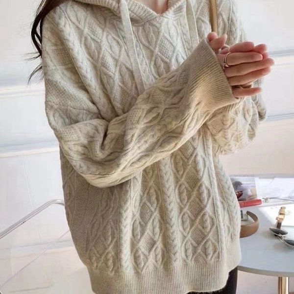 ニットセーター 新作フード付き厚手ニットセーター女性ジャンパー秋冬暖かいルーズインナーセーター