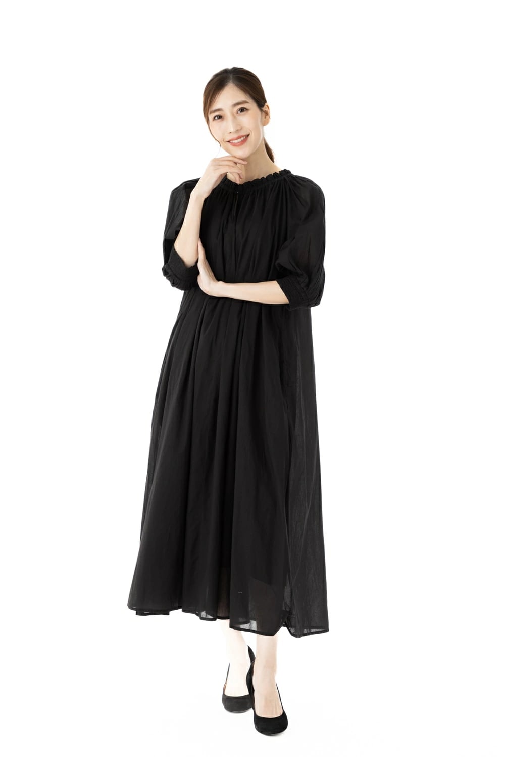 Bou Jeloud(ﾌﾞｰｼﾞｭﾙｰﾄﾞ) サイズＦ 5分袖 綿ボイルギャザーネックワンピース ブラック