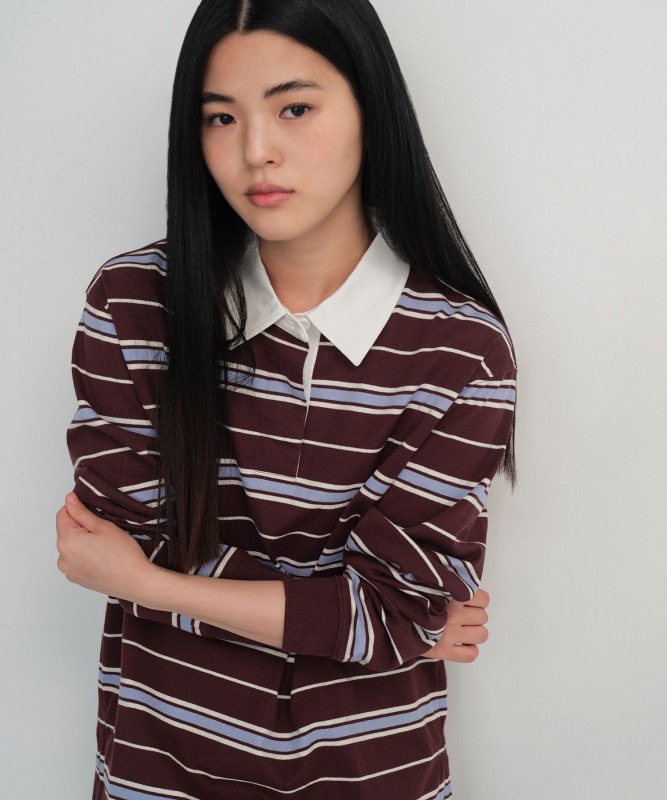 ウーマンズリラックスマルチストライプラグビーシャツ[バーガンディ]
