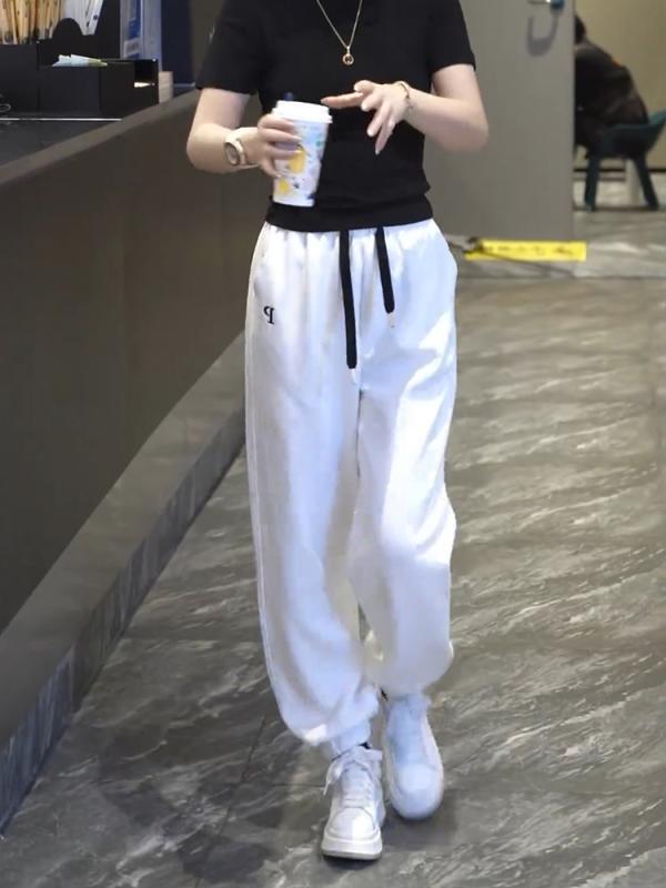 レディース ファッション オシャレ カワイイ シンプル 人カワイイ きいサイズ ホワイト ストレッチ ウエスト レースアップ ズボン スポーツ パンツ ハイウエスト スリム スウェット パンツ カジュ