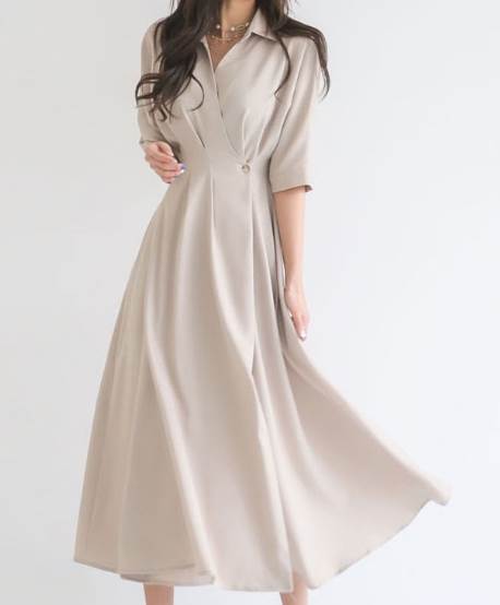 レディース ワンピース ミモレ 半袖 襟付き 角襟 フレア スリム 細身 Aライン ウエストマーク ハイウエスト 異国風 切り替えデザイン かわいい 大人可愛い シンプル カジュアル 上品 きれいめ