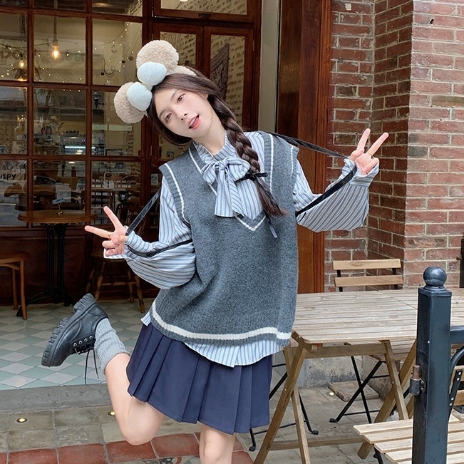 3点セット セットアップ 上下セット シャツ 長袖 リボン 前開き ボタン ベスト Vネック ショート丈 ミニスカート プリーツ かわいい 大人可愛い きれいめ シンプル カジュアル 大人 上品