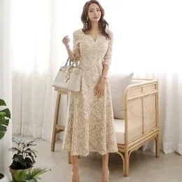 総レースドレス花柄総レースパーティー　レースワンピSXLベージュドIレスワンピースミモレ丈ひざ下丈長袖レディース結婚式パーティーディナーデート大きいサイズ大人上品20304050　結婚式入学式二次会