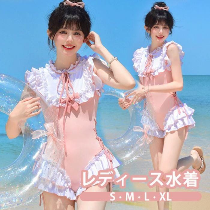 新品/第1弾キャンペーンワンピース水着 レディース ロリータ風 リボン パッド付き 学生風 かわいい フリル リボン 水着 ノースリーブ 着痩せ セクシー 無地 コスプレ 衣装