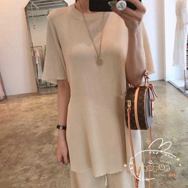 セットアップ レディース サマーニット 上下セット 快適 半袖 ワイドパンツ スリット カジュアル 大人 春 夏 体型カバー おしゃれ 30代 40代