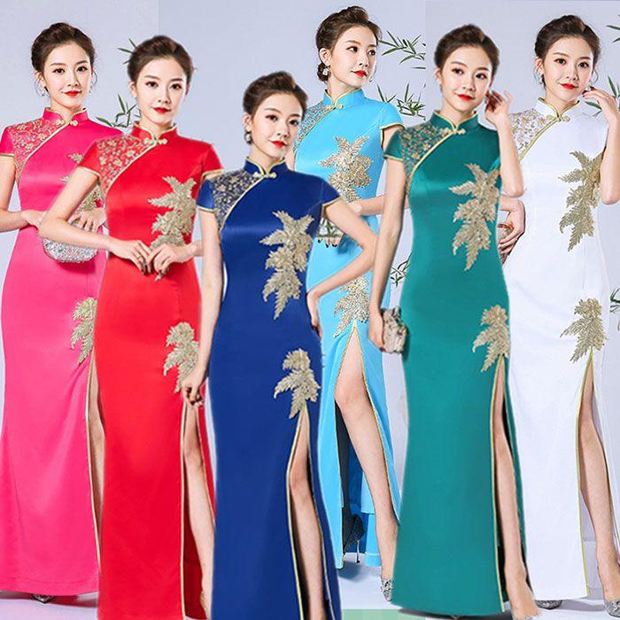 チャイナドレス ロング丈 半袖 ゴールド 花モチーフ おしゃれ 発表会 演奏会 ドレス ワンピース チャイナ ドレス エレガント 大きいサイズ チャイナドレス コス