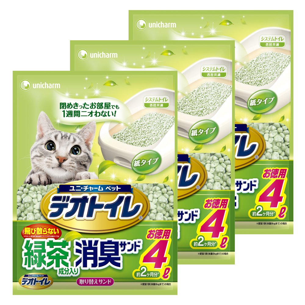 デオトイレ 1週間消臭・抗菌 飛び散らない緑茶成分入り・消臭サンド 4L×3個