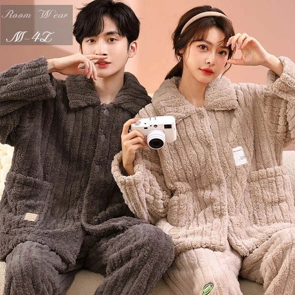【韓国ins大人気】前開き 韓国 もこもこパジャマ レディース 暖かい フードなし モコモコ あったか 冬 可愛い かわいい 長袖 ルームウェア もこもこ モコモコパジャマ ペアパジャマ 部屋着 寝間